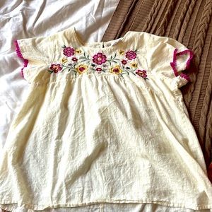 LuLaRoe Cream Peasant Top with Pink & Yellow Floral Embroidery